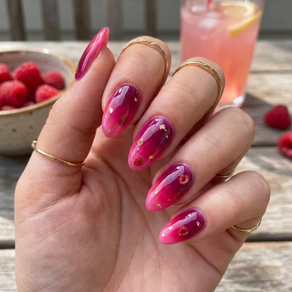 Medium Oval Raspberry Pink Gold Foil Floral Gradient Nails Medium Oval Raspberry Pink Gold Foil Floral Gradient Nails — Classy Raspberry Nails