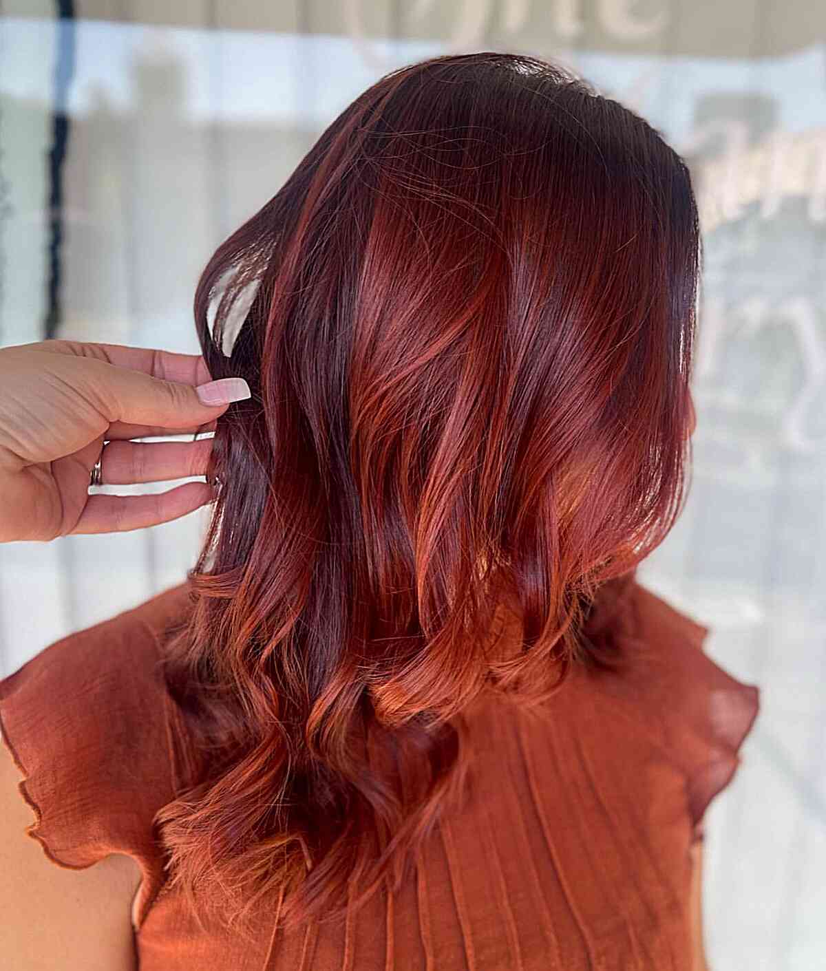Auburn Base With Red Orange Balayage Auburn Base With Red Orange Balayage — Classy Red Balayage