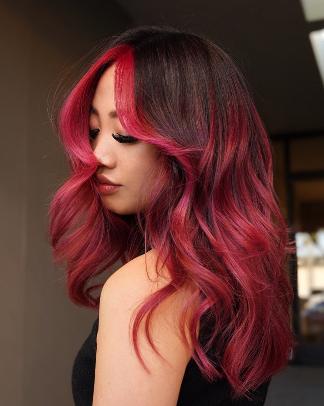 Vibrant Pink-Red With Dark Brown Roots Vibrant Pink-Red With Dark Brown Roots — Classy Red Balayage