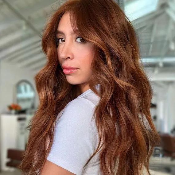 Warm Auburn Mid-Back Layers With Curtain Bangs — Classy Red Hair Colors