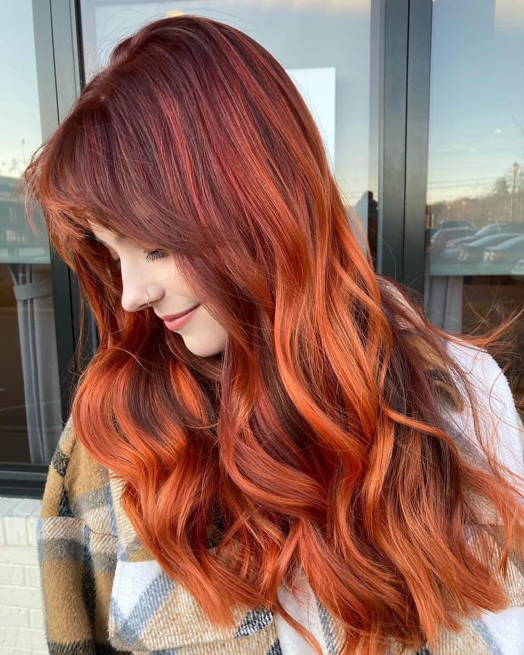Vibrant Multi-Dimensional Red Mid-Back Waves With Curtain Bangs — Classy Red Hair Colors