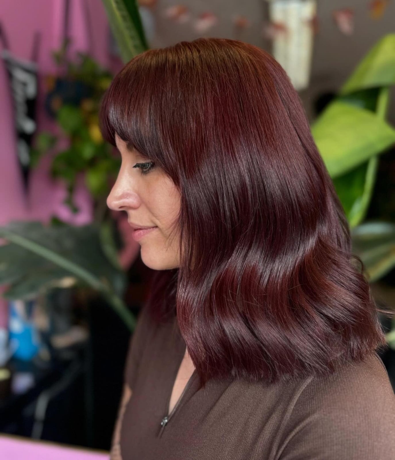 Deep Cherry Red Chin Length Bob With Blunt Bangs — Classy Red Hair Colors