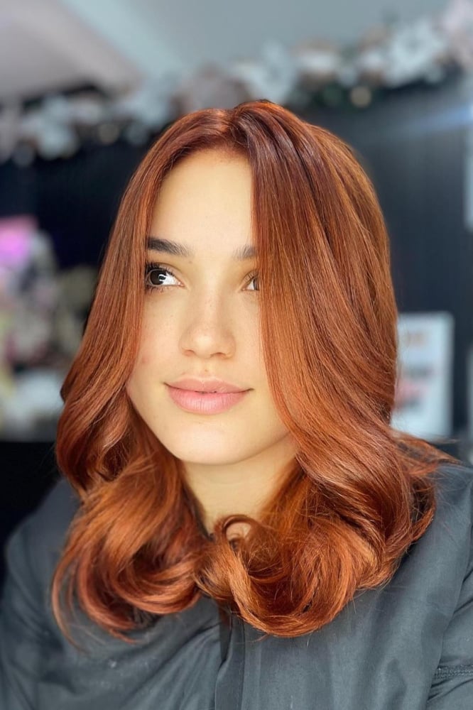 Vibrant Copper Red Collarbone Lob With Curtain Bangs — Classy Red Hair Colors