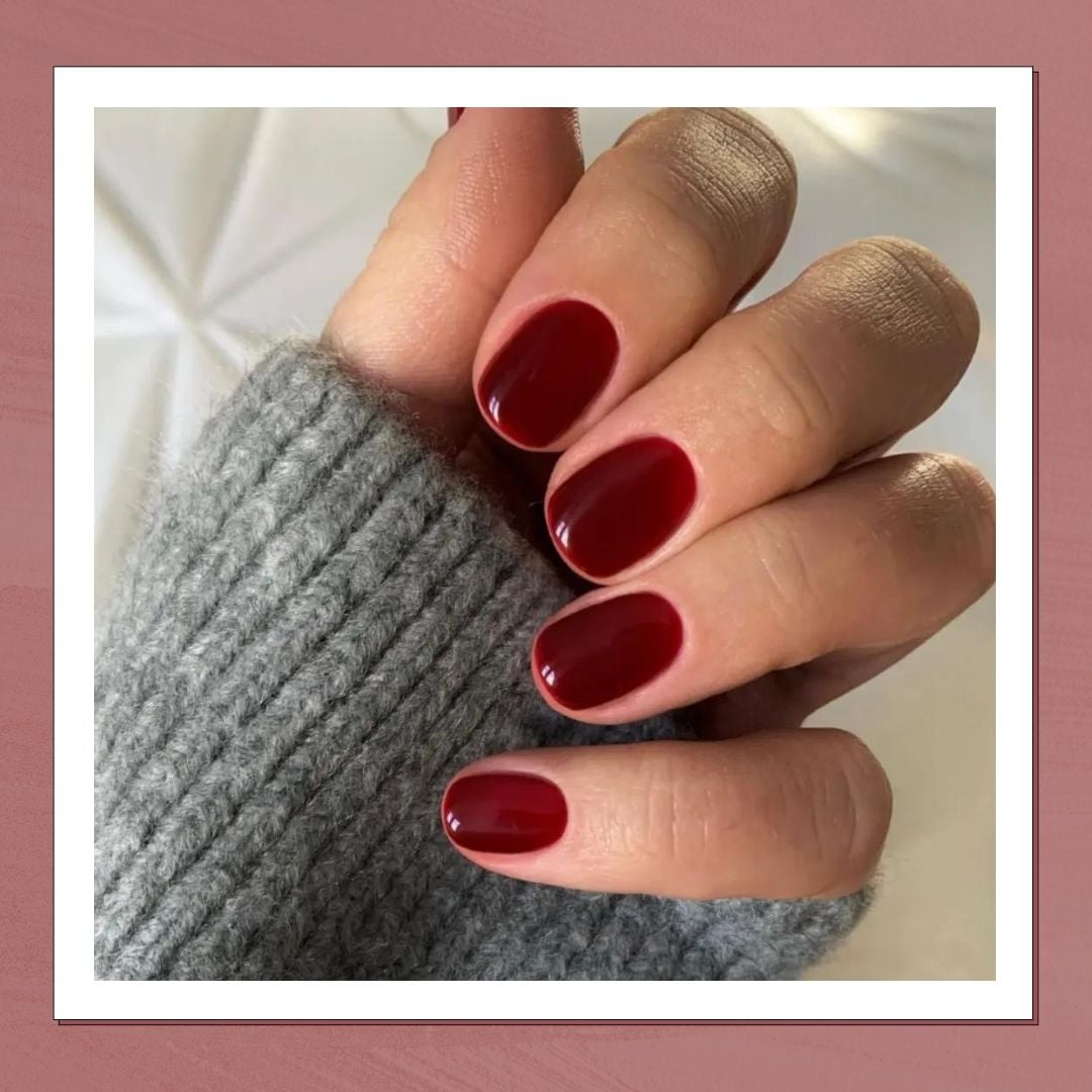 Deep Burgundy Glossy Short Oval Nails, Close-Up Take — Classy Red Nails