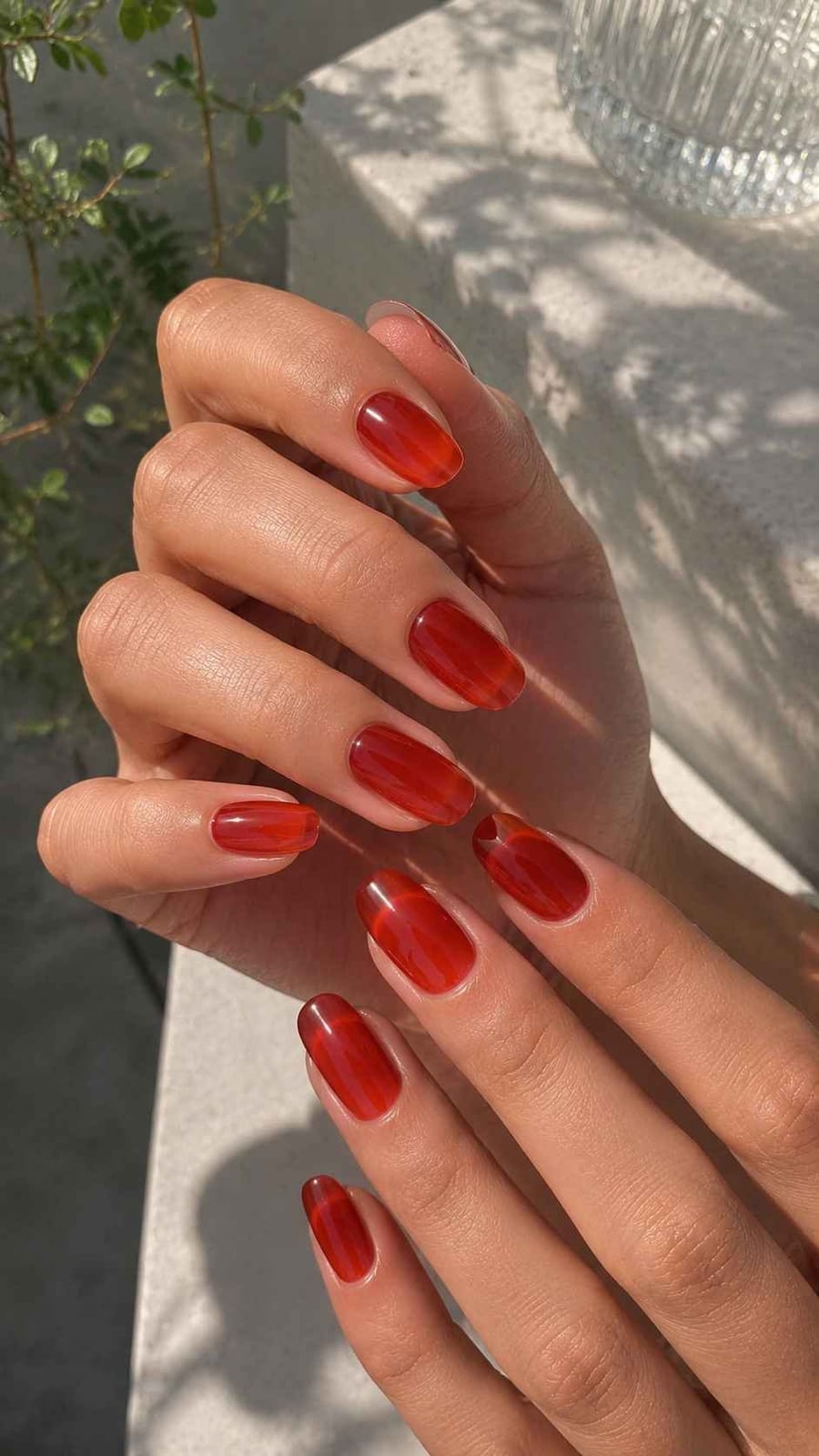 Translucent Deep Red Short Oval Jelly Nails — Classy Red Nails