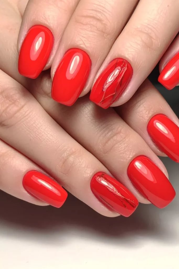 Bright Red Oval Nails With Red Foil Accent — Classy Red Nails