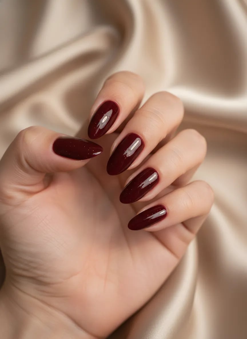 Deep Red Shimmer Medium Almond Nails — Classy Red Nails