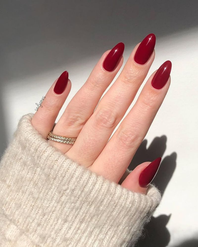 Rich Glossy Dark Cherry Medium Almond Nails — Classy Red Nails