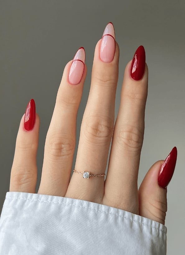 Red Line Detail Medium Almond Nails — Classy Red Nails