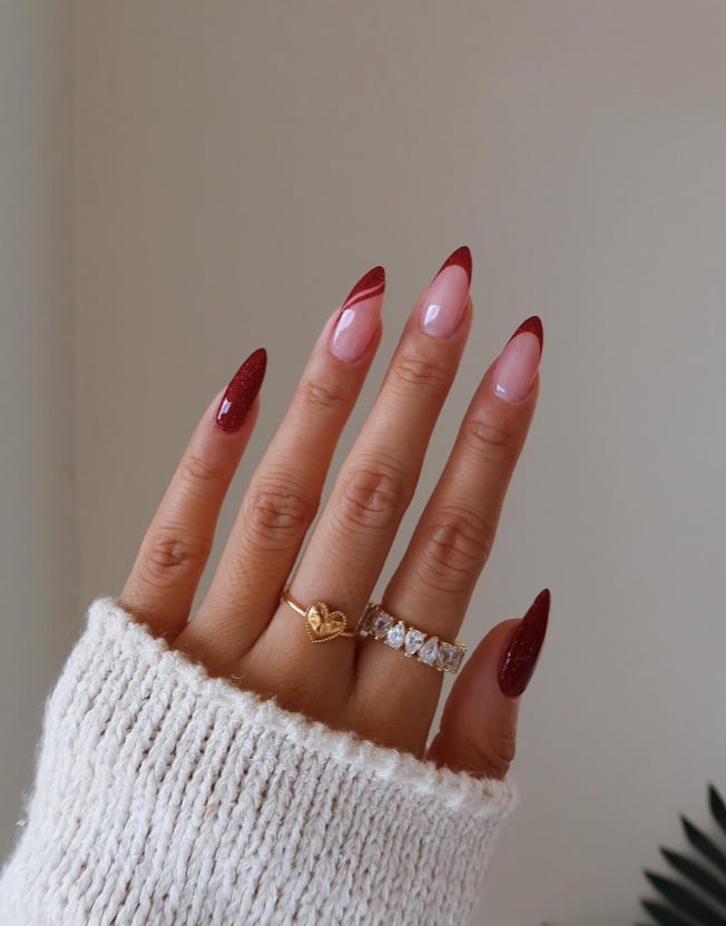 Deep Red Almond Nails With Gold Leaf — Classy Red Nails