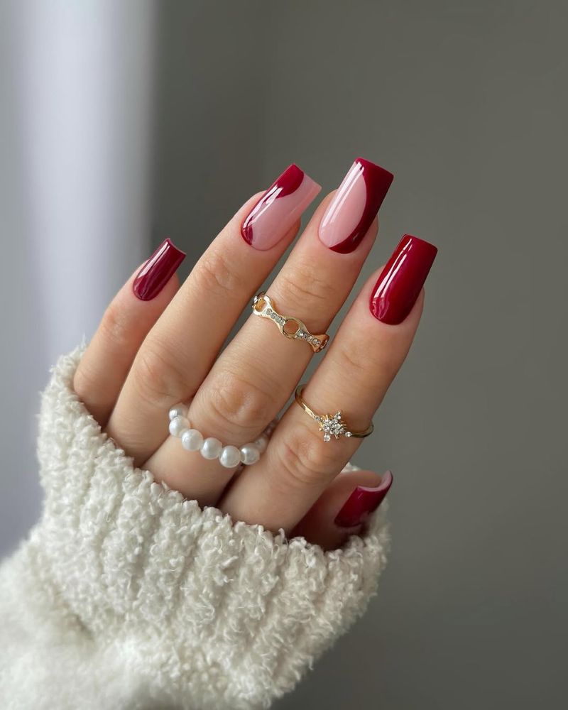 Red And Nude Geometric Medium Square Nails — Classy Red Nails