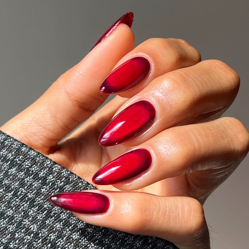 Deep Red Gradient Cat Eye Long Almond Nails — Classy Red Nails
