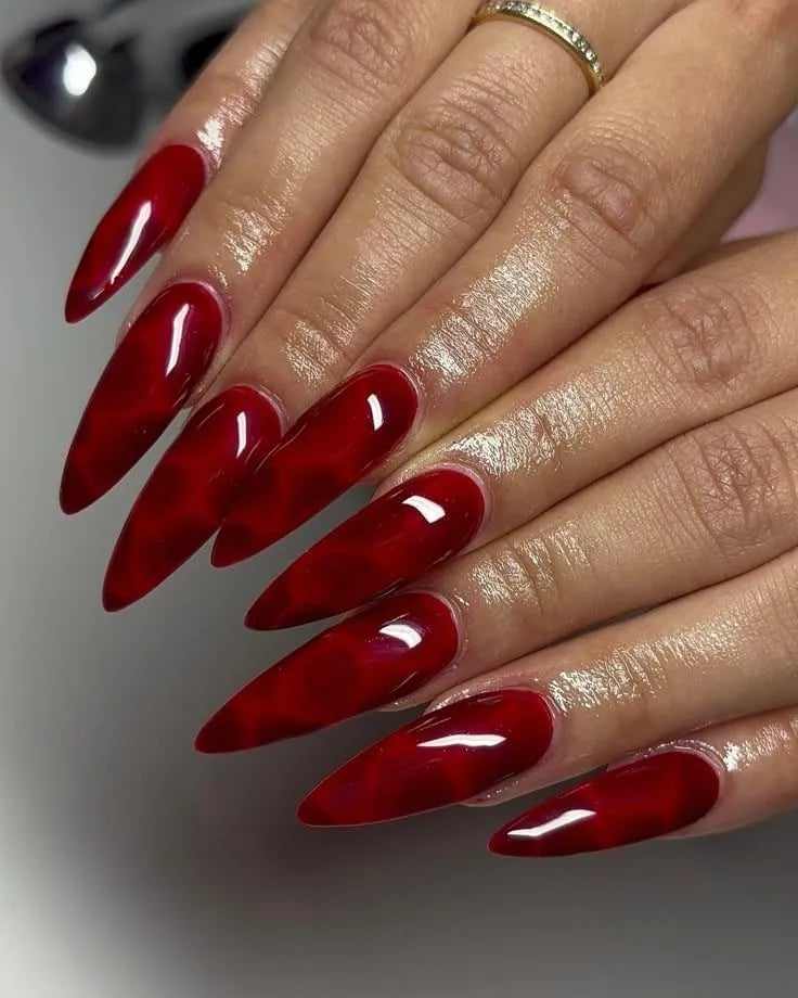 Deep Red Black Marble Long Stiletto Nails — Classy Red Nails