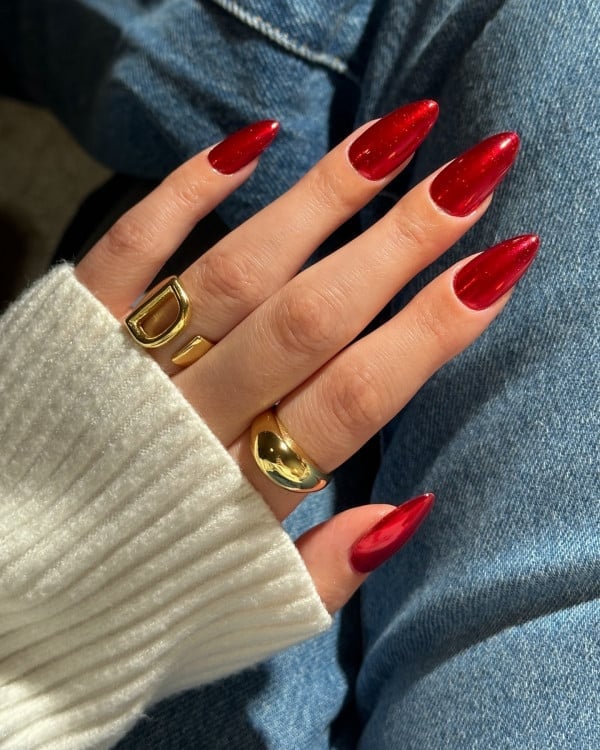 Metallic Red Chrome Long Stiletto Nails — Classy Red Nails