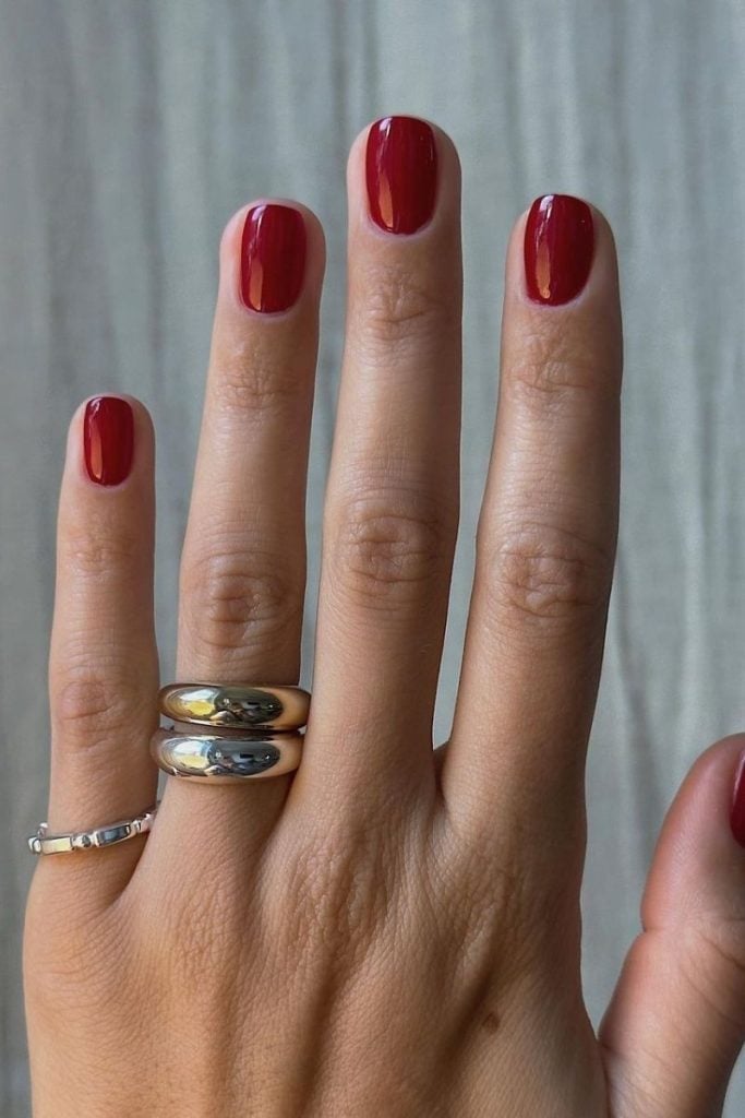 Deep Red Classic Short Square Nails — Classy Red Nails
