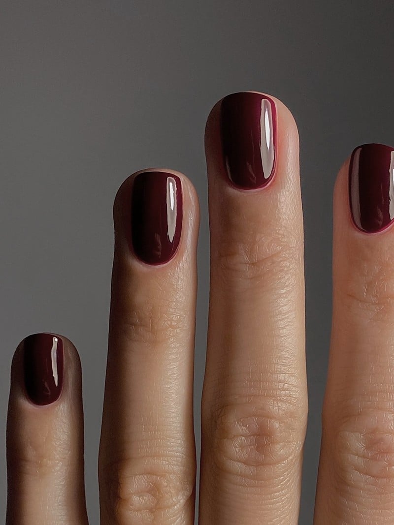 Deep Glossy Dark Red Short Square Nails — Classy Red Nails