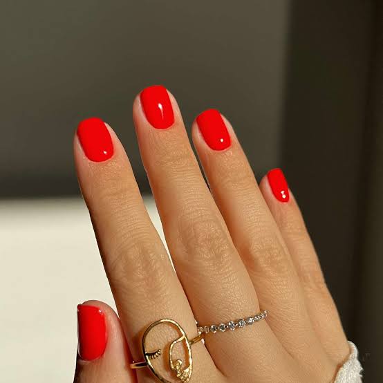 Bright Glossy Red Short Soft Square Nails — Classy Red Nails