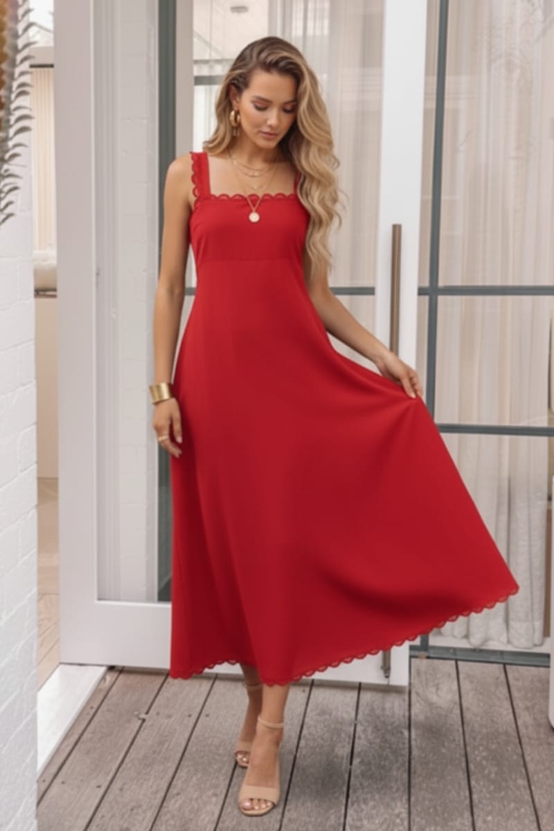 Red Midi Dress with Scalloped Trim — Classy Red Outfits