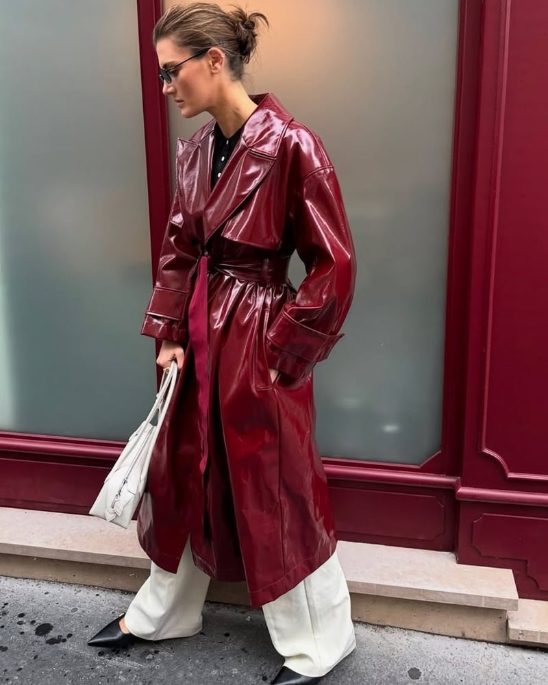 Glossy Red Trench Coat Over Cream Trousers — Classy Red Outfits