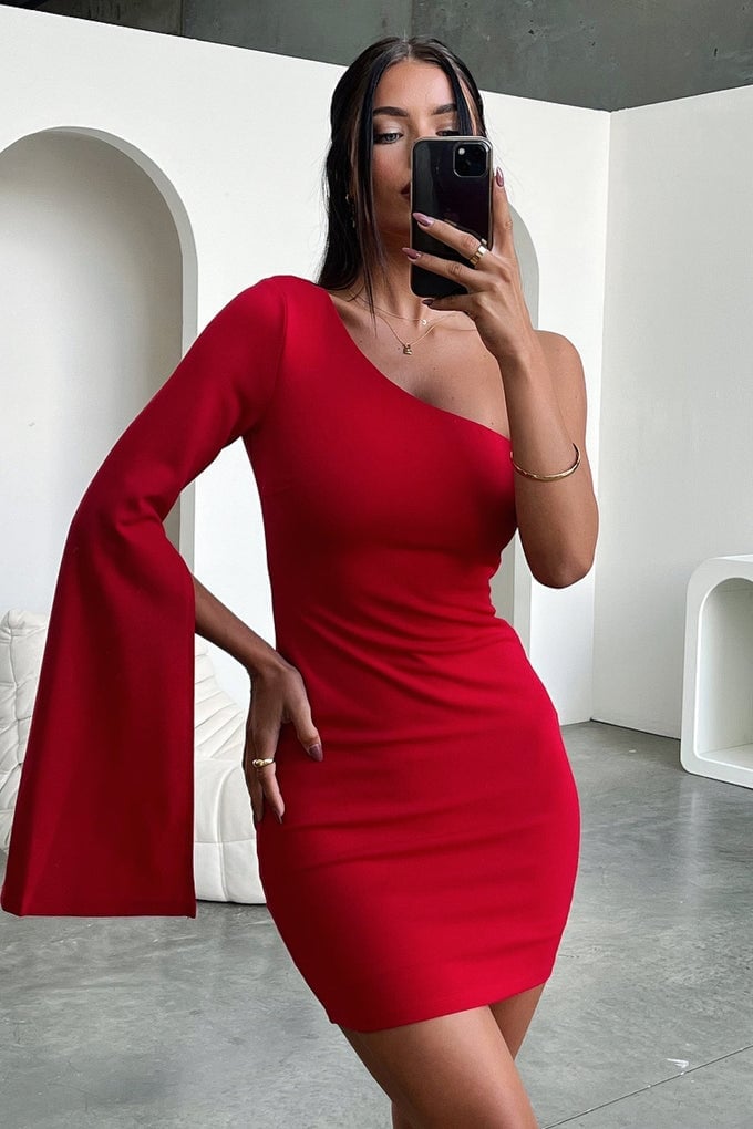 Red One-Shoulder Mini Dress with Bell Sleeves — Classy Red Outfits