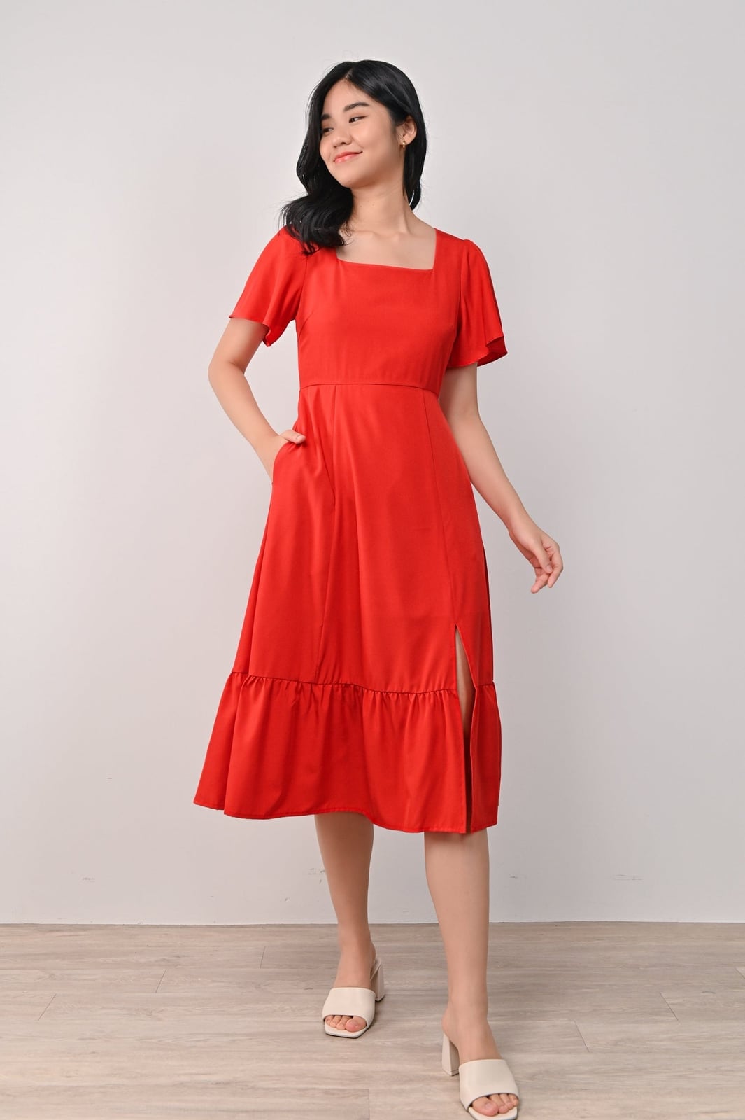 Red Midi Dress with Flutter Sleeves and Side Slit, Close-Up Take — Classy Red Outfits