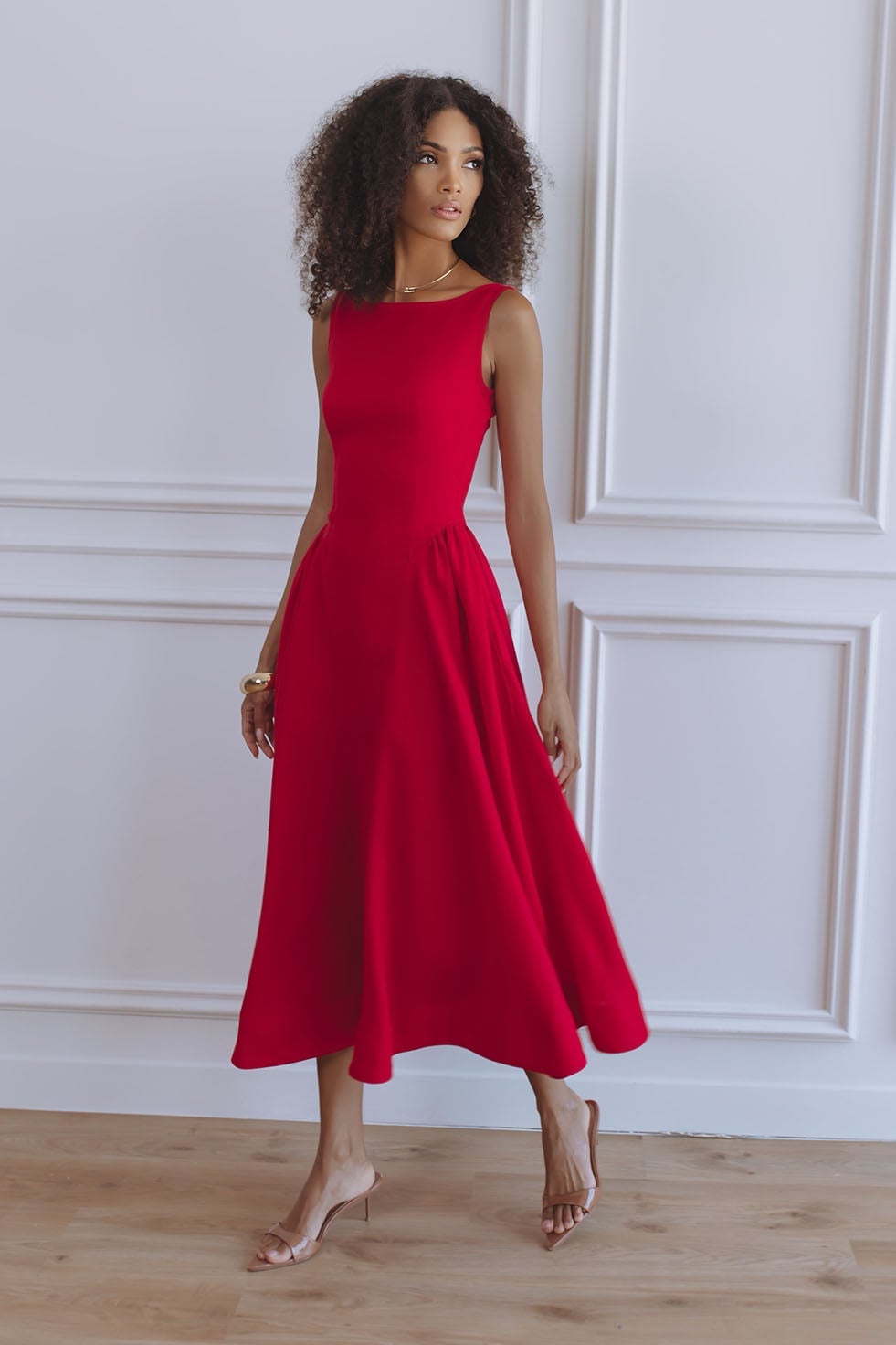 Vibrant Red Fit and Flare Midi Dress for Day With Tan Heeled Sandals — Classy Red Outfits