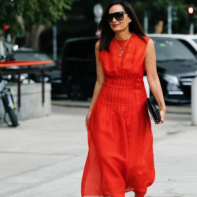Red Midi Dress with Pleated Bodice and Sheer Skirt — Classy Red Outfits
