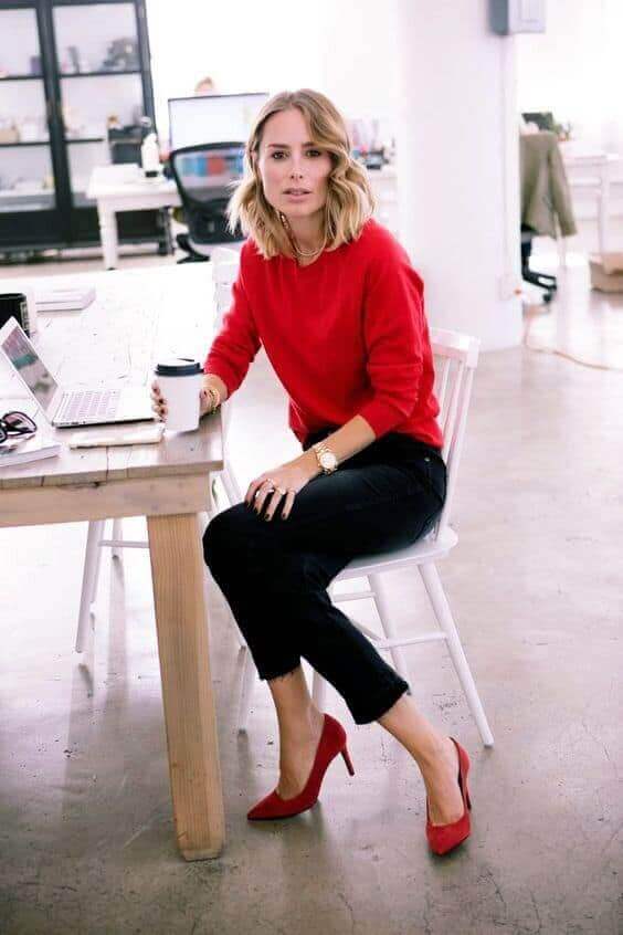 Red Crewneck Sweater with Black Pants — Classy Red Outfits
