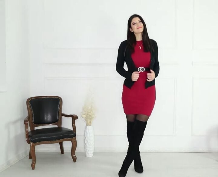 Red Bodycon Dress Layered with Black Jacket — Classy Red Outfits