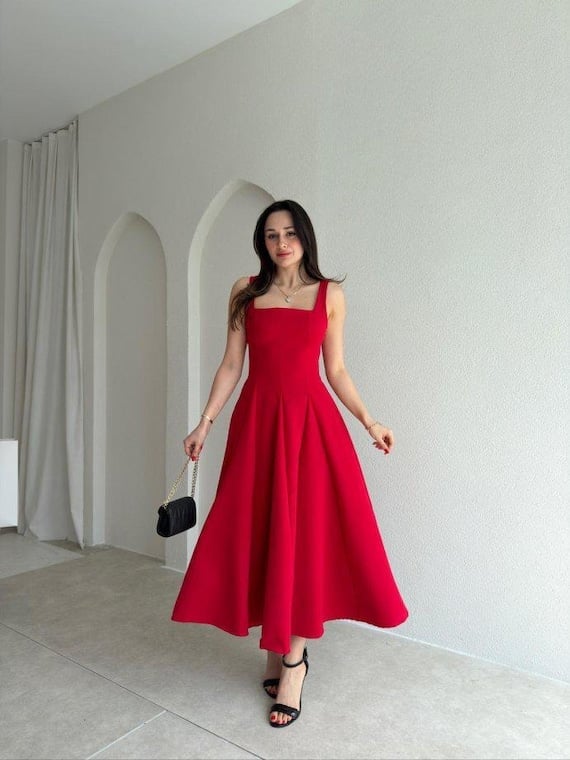 Vibrant Red Midi Dress with Square Neckline and Black Strappy Heels — Classy Red Outfits