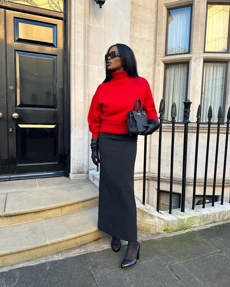 Bold Red Sweater with Long Black Skirt — Classy Red Outfits
