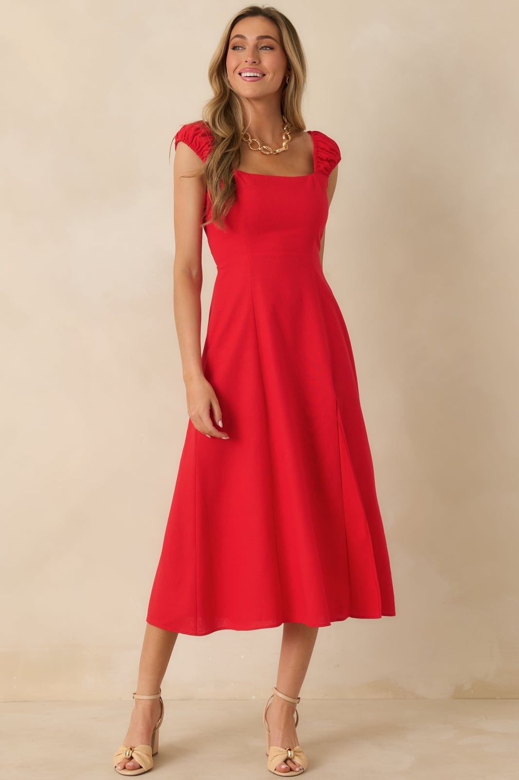 Solid Red A-Line Midi Dress for Semi-Formal — Classy Red Outfits