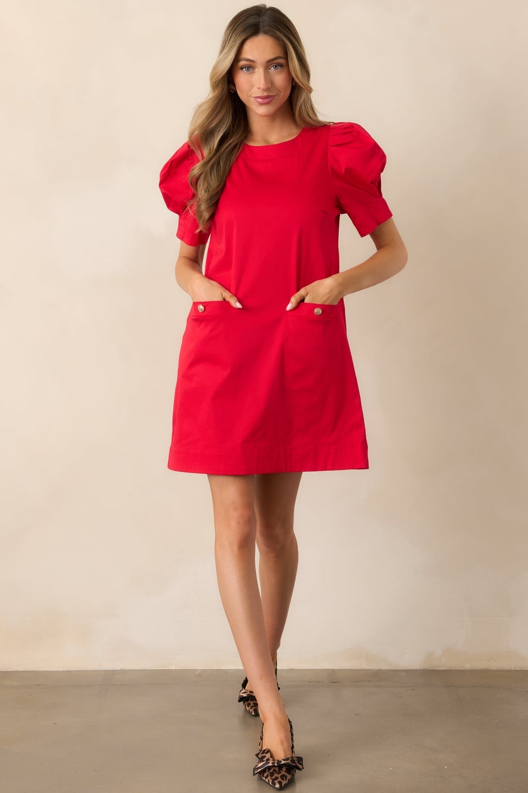Red Cotton Mini Dress with Puff Sleeves — Classy Red Outfits