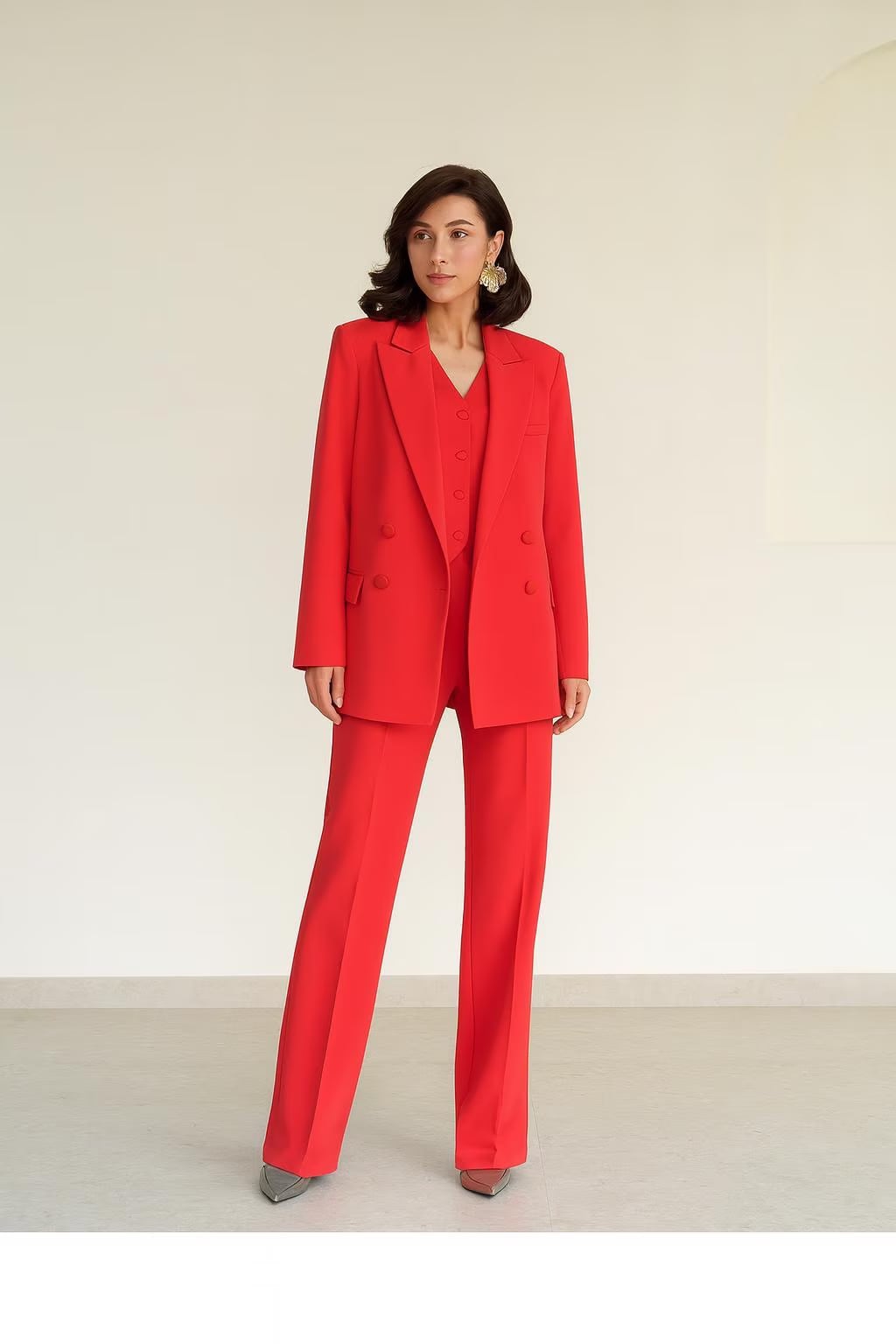 Red Suit With Grey Heels — Classy Red Pants Outfits