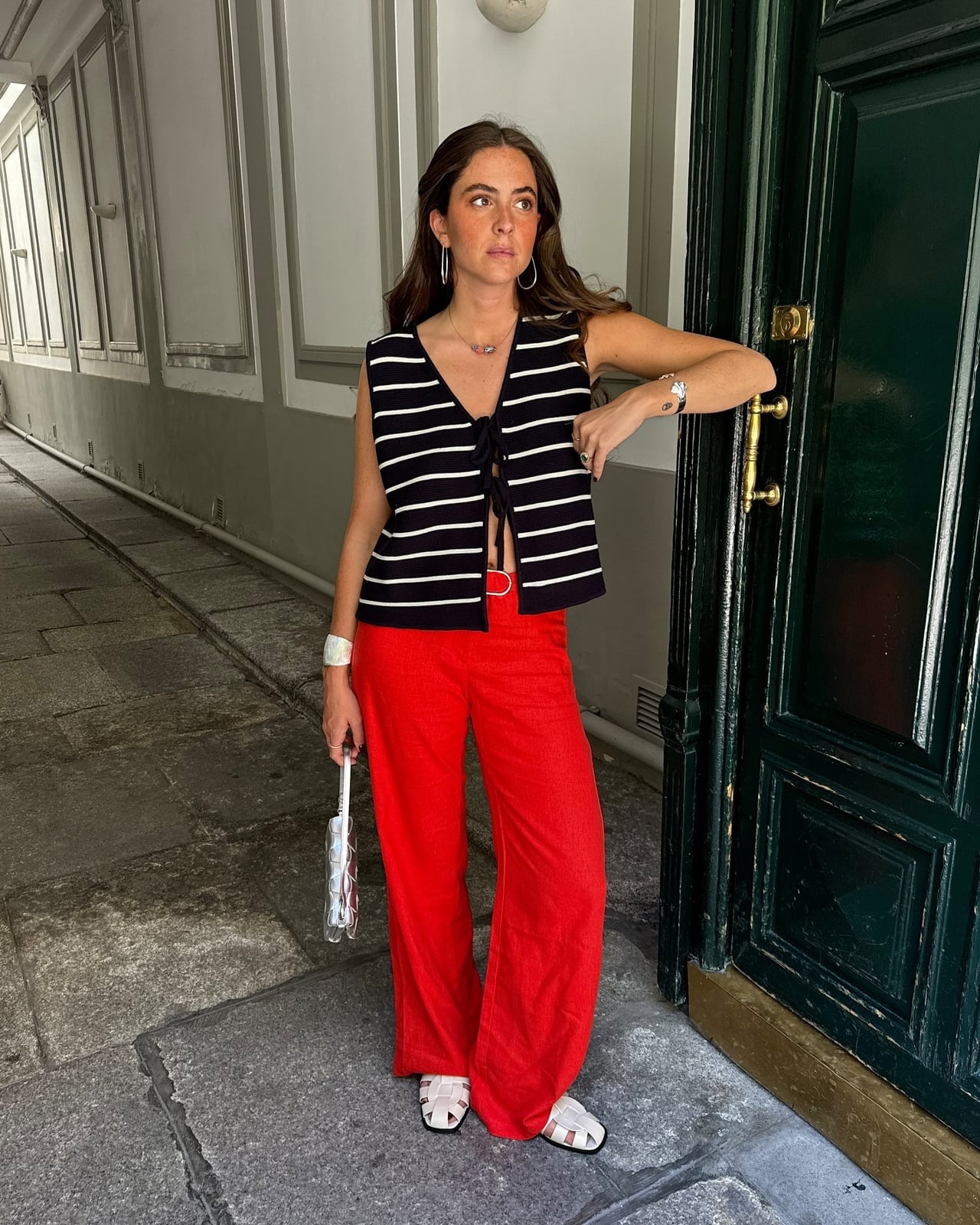 Red Wide Leg Pants With Striped Top — Classy Red Pants Outfits