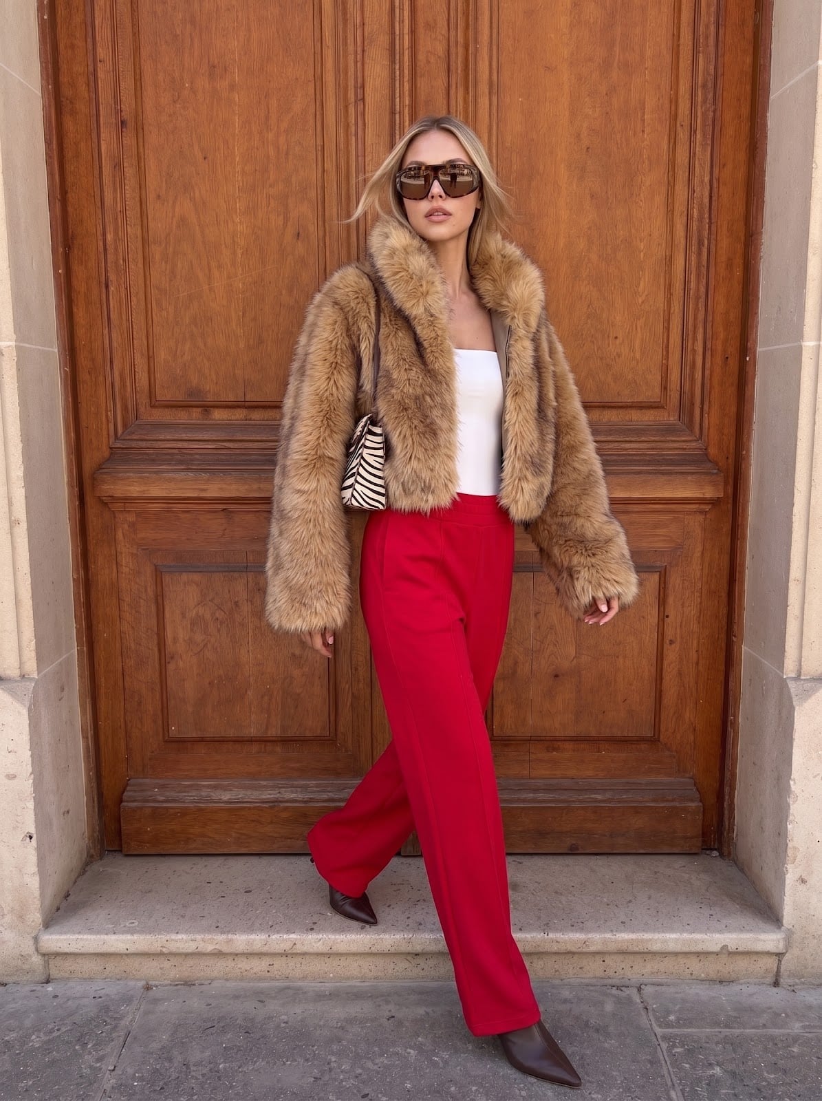 Wide Leg Red Trousers With Faux Fur Jacket — Classy Red Pants Outfits