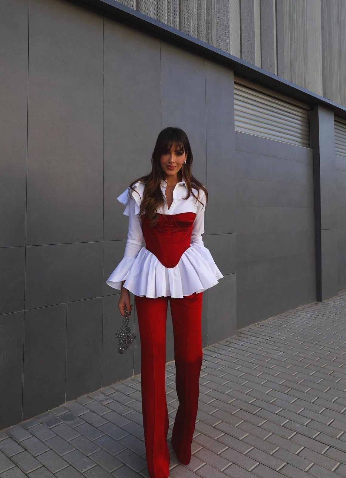 Fitted Flared Red Trousers With Corset Top — Classy Red Pants Outfits