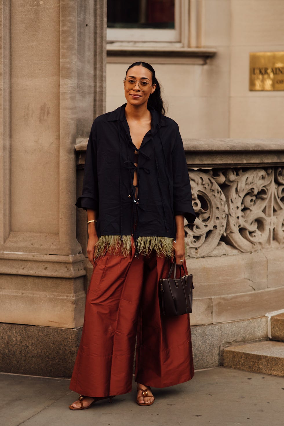 Rust Wide Leg Pants With Fringe Trim Shirt — Classy Red Pants Outfits