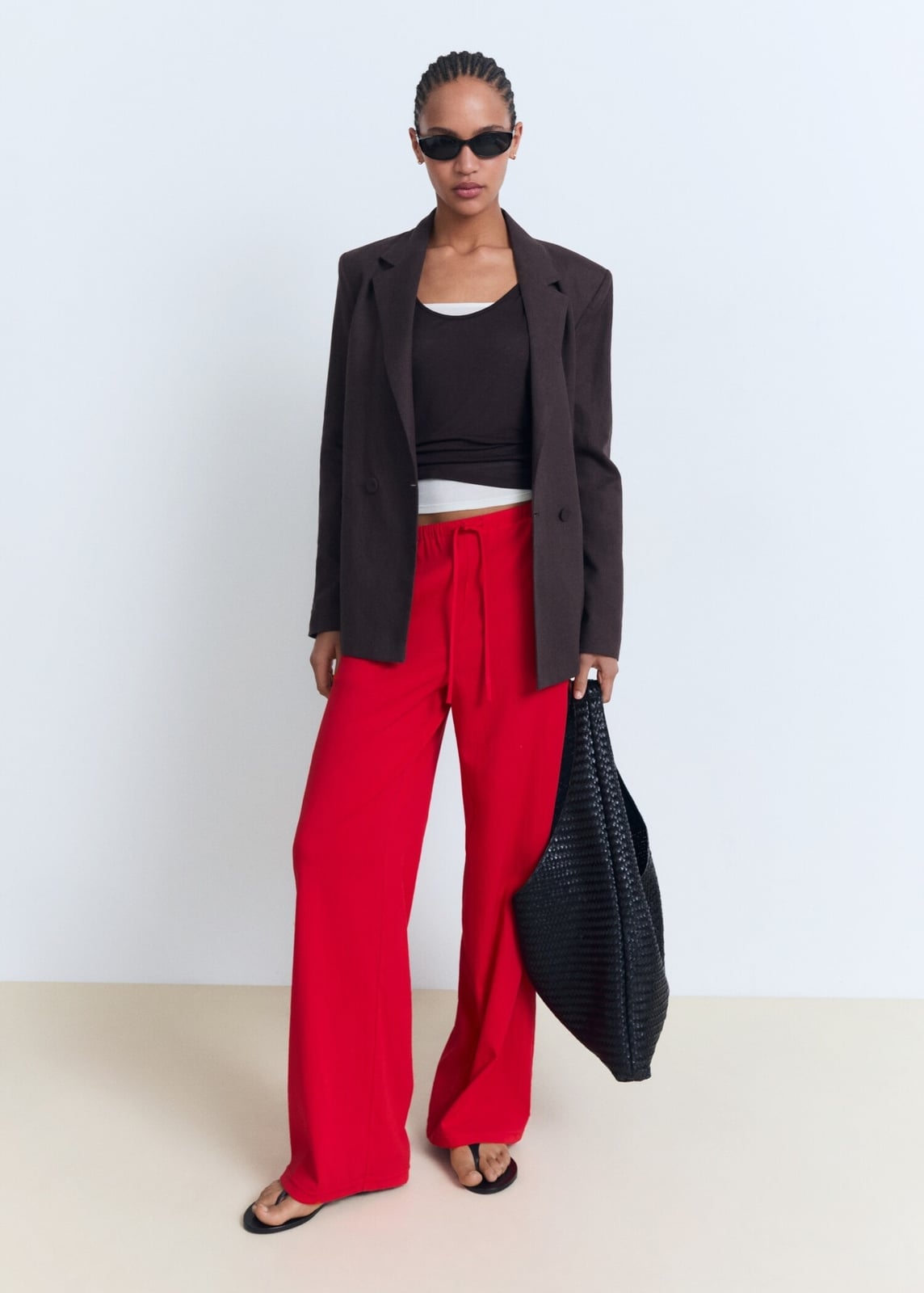 Red Wide Leg Pants With Leather Jacket — Classy Red Pants Outfits