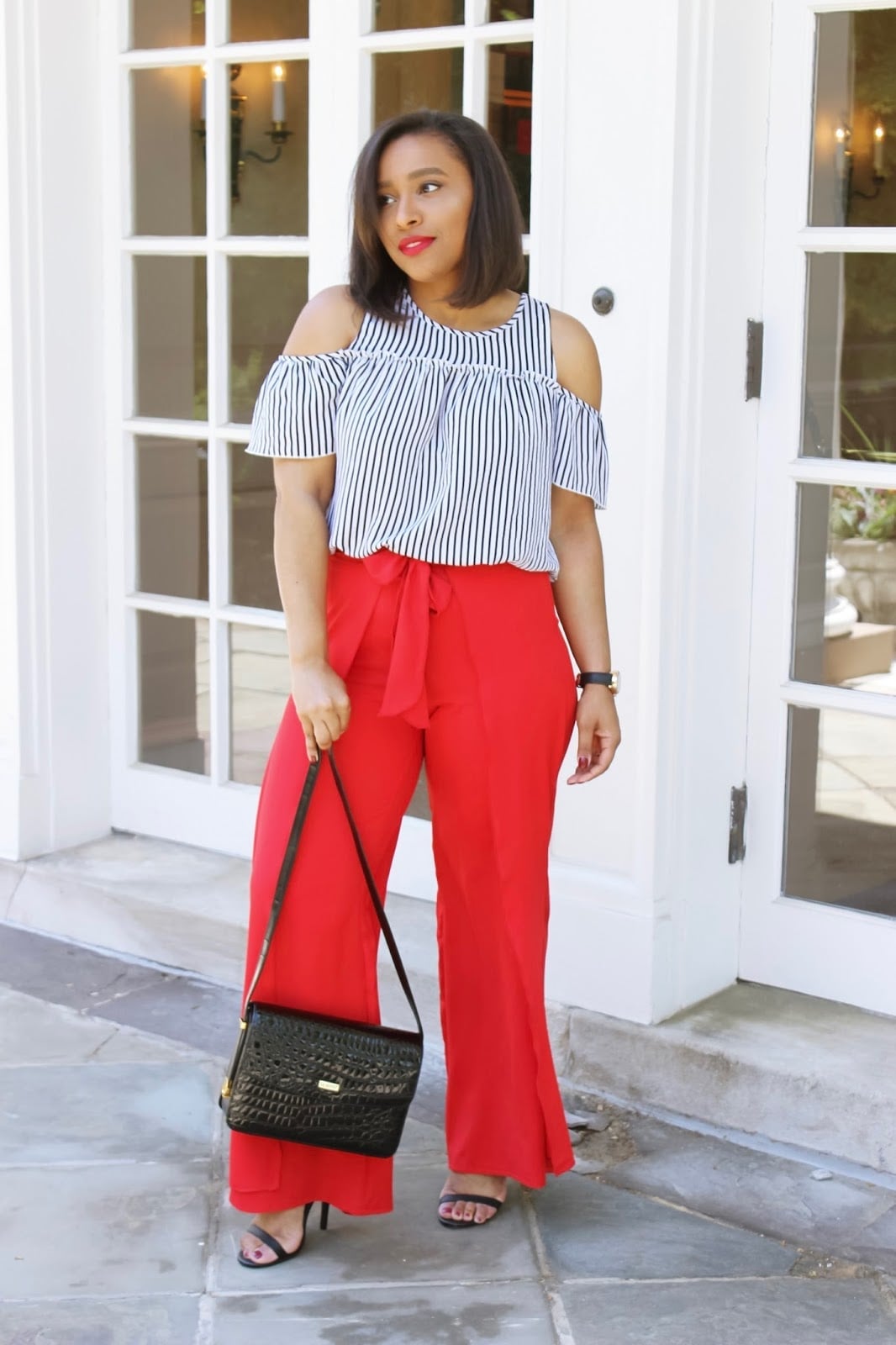 Red Palazzo Pants With Striped Top — Classy Red Pants Outfits