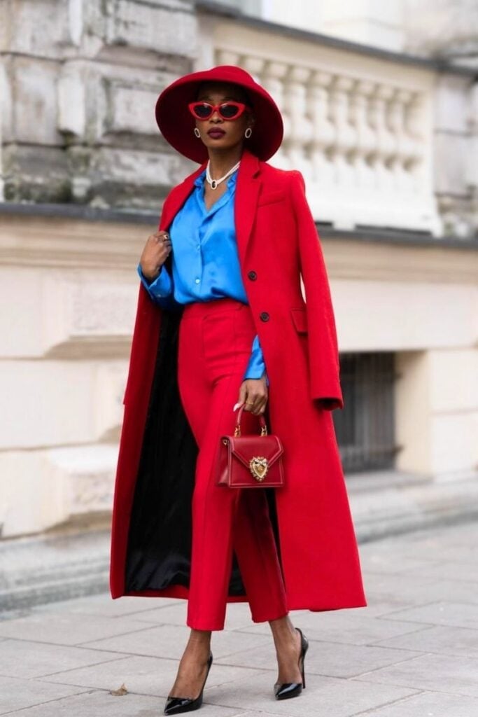 Tailored Red Trousers With Blue Silk Blouse — Classy Red Pants Outfits