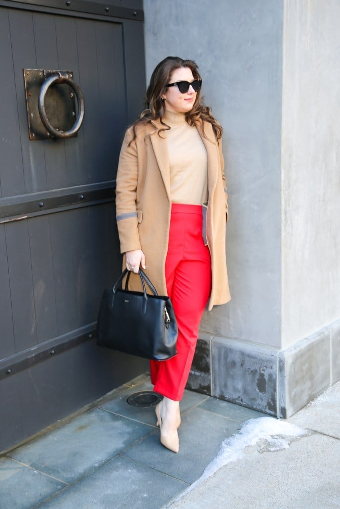 Red Tailored Trousers With Camel Coat — Classy Red Pants Outfits