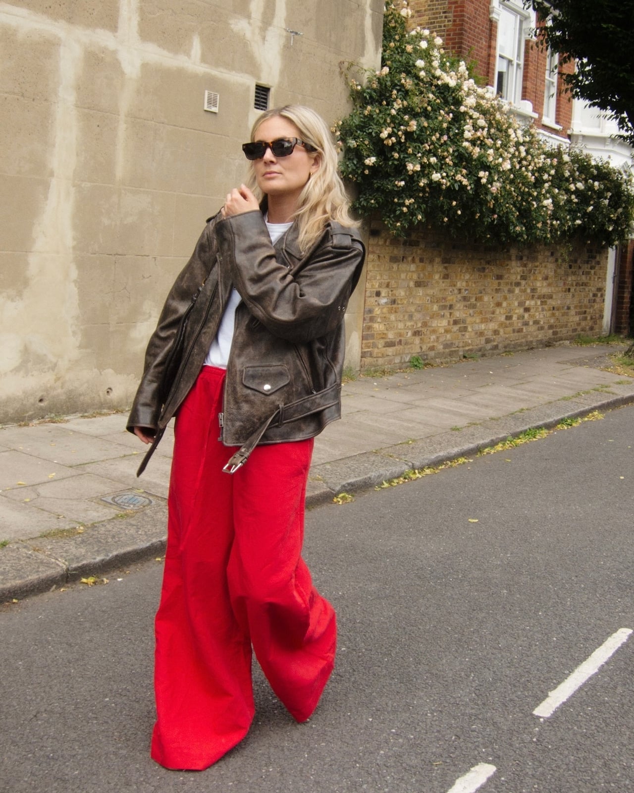 Bright Red Corduroy Pants With Leather Jacket — Classy Red Pants Outfits