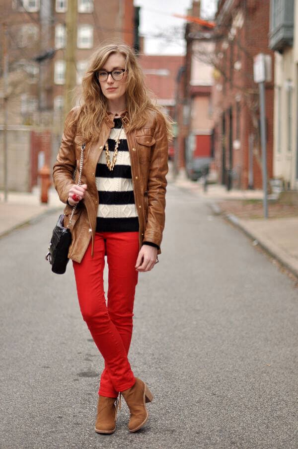 Slim Fit Red Trousers With Leather Jacket — Classy Red Pants Outfits