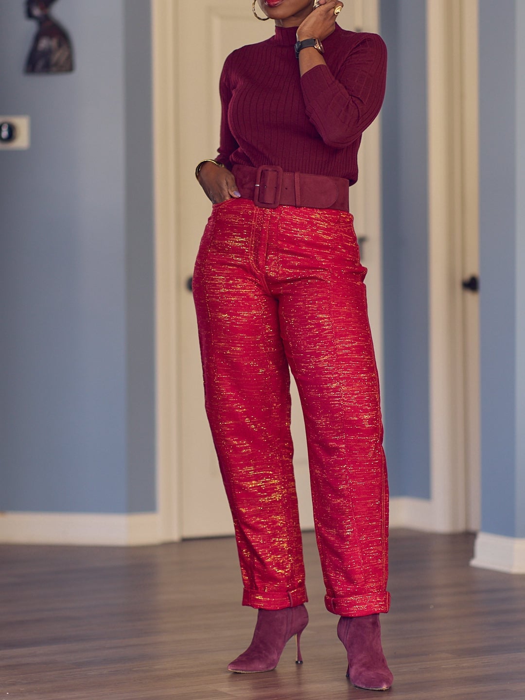 Textured Metallic Thread Pants With Turtleneck — Classy Red Pants Outfits