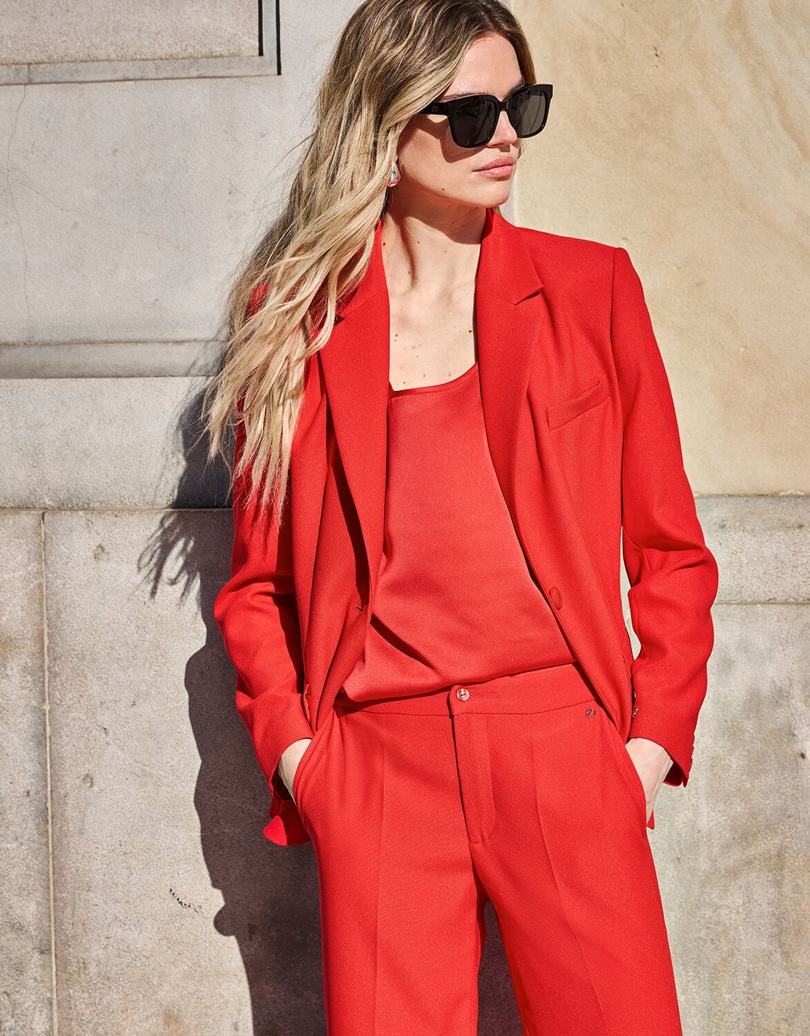 Red Flared Trousers With Peplum Top — Classy Red Pants Outfits