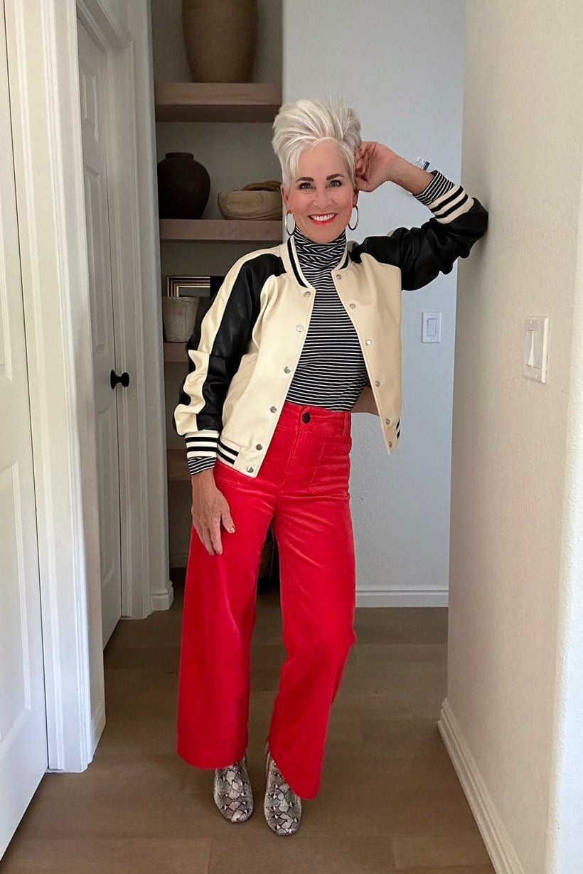 Red Velvet Trousers With Striped Turtleneck — Classy Red Pants Outfits
