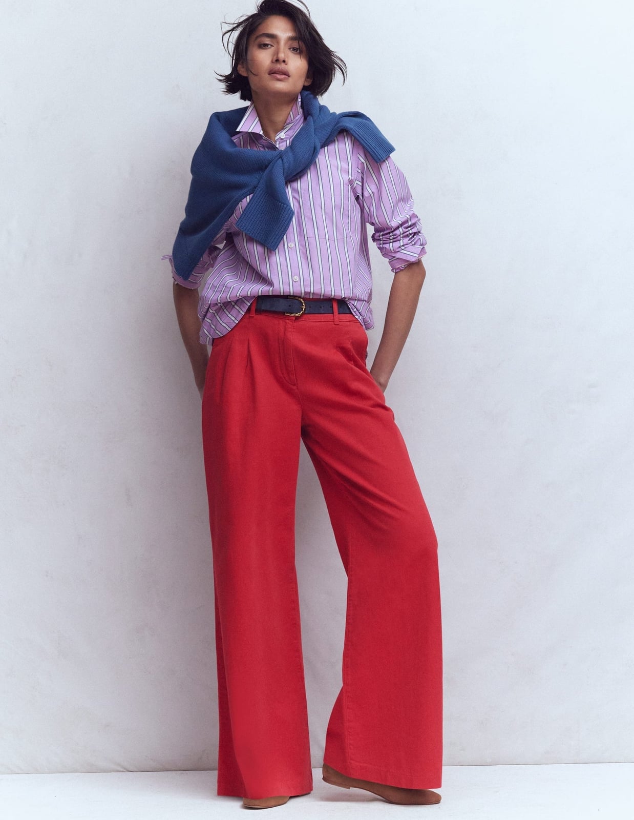 Vibrant Red Wide-Leg Trousers With Navy Sweater — Classy Red Pants Outfits