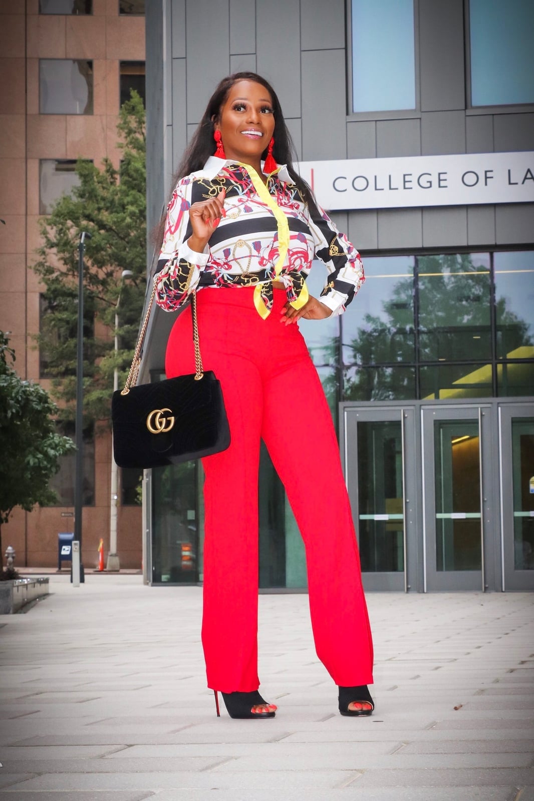 Straight-Leg Red Trousers With Printed Shirt — Classy Red Pants Outfits