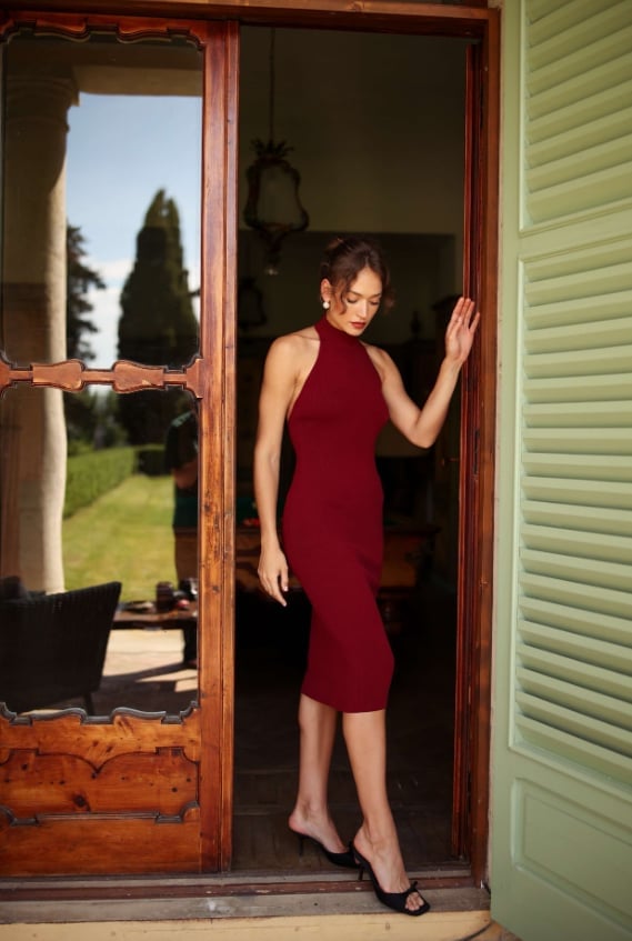 Burgundy Ribbed Knit Mock Neck Dress — Classy Restaurant Outfit